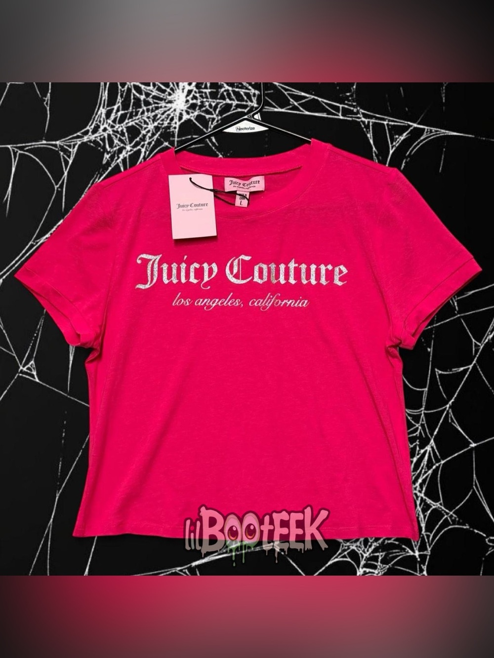 Juicy Couture Los Angeles California LG Vixen Pink Tee w Silver Glitter Logo Y2K